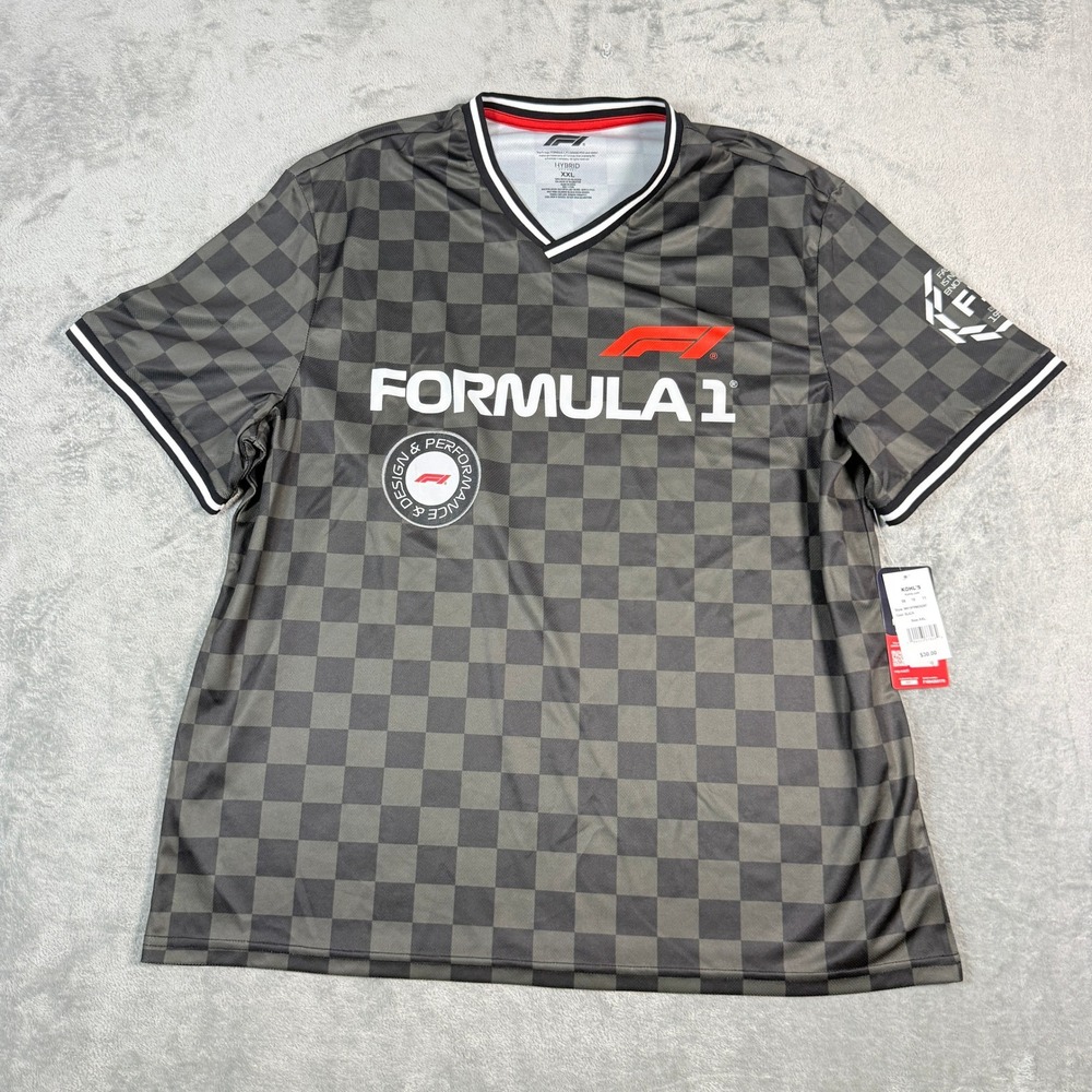 Formula 1 Mens XXL Jersey Black Grey Checkered V-Neck Racing Shirt